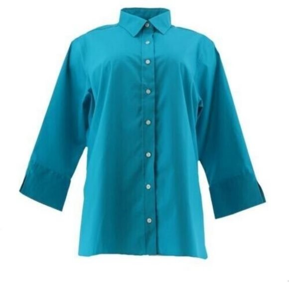 NWT LANDS' END 3/4 SLEEVE FLIP CUFF STRETCH BUTTON SHIRT TURQUOISE BAY PETITE 2 - Picture 1 of 11